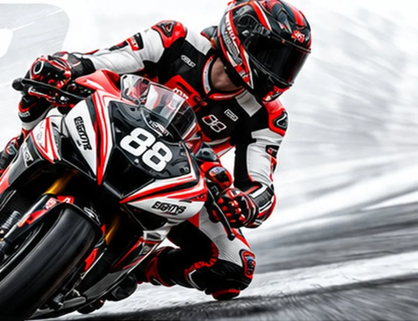 Pilote en combinaison Eighty8 rouge, noire et blanche, moto sportive sur l'angle dans un virage